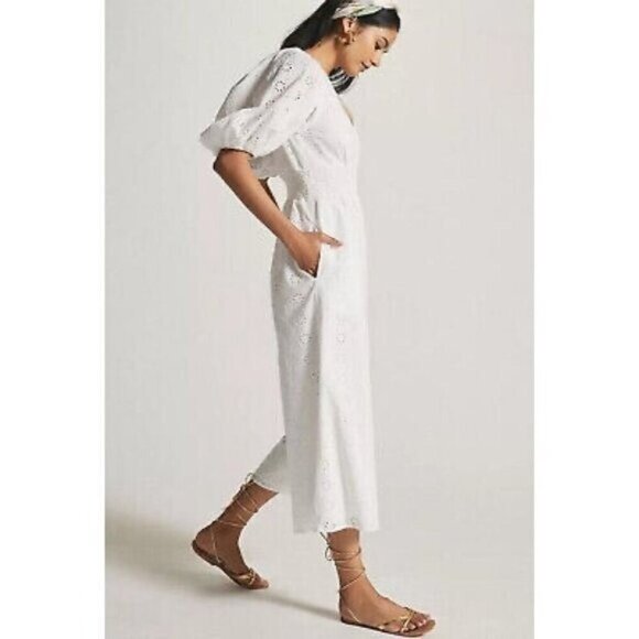 Anthropologie Hutch Smocked Waist Puff Sleeve Eyelet Jumpsuit - Picture 5 of 13